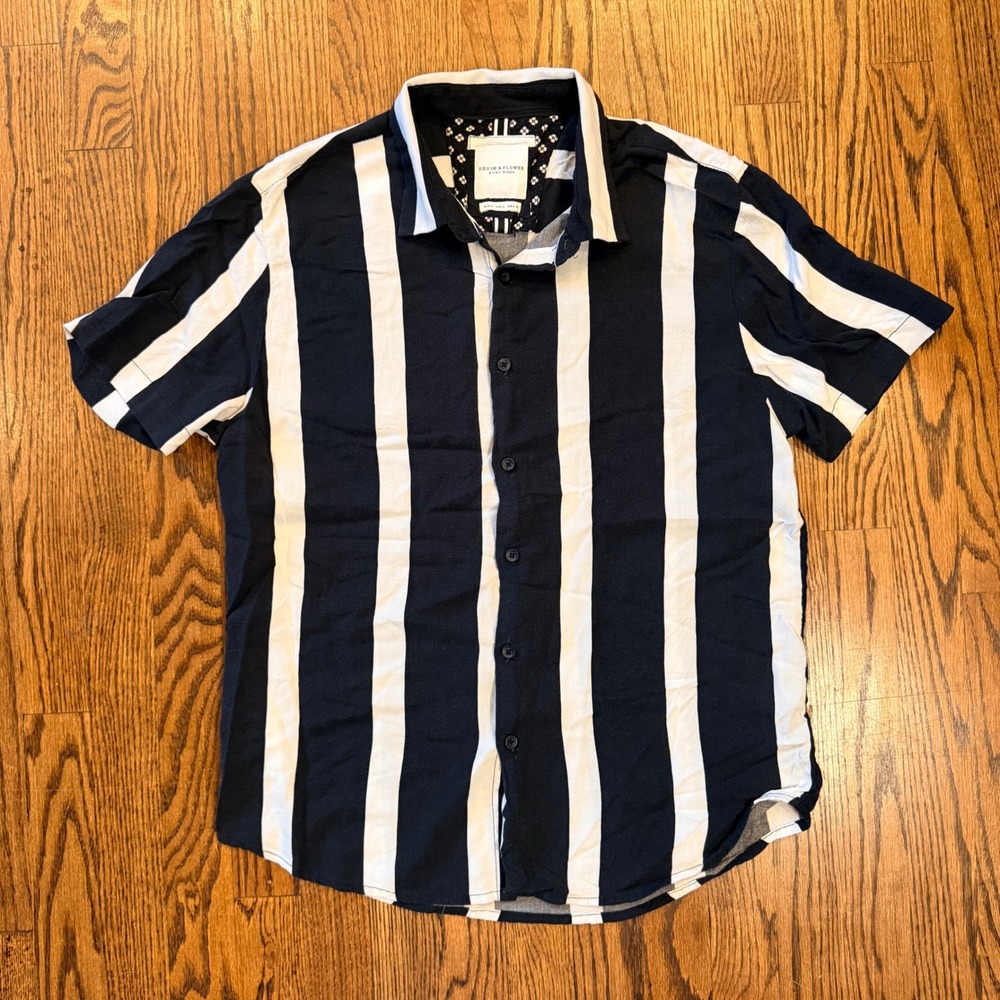 Denim & Flower Ricky Singh Striped Short‎ Sleeve Button Down Shirt Large viscose